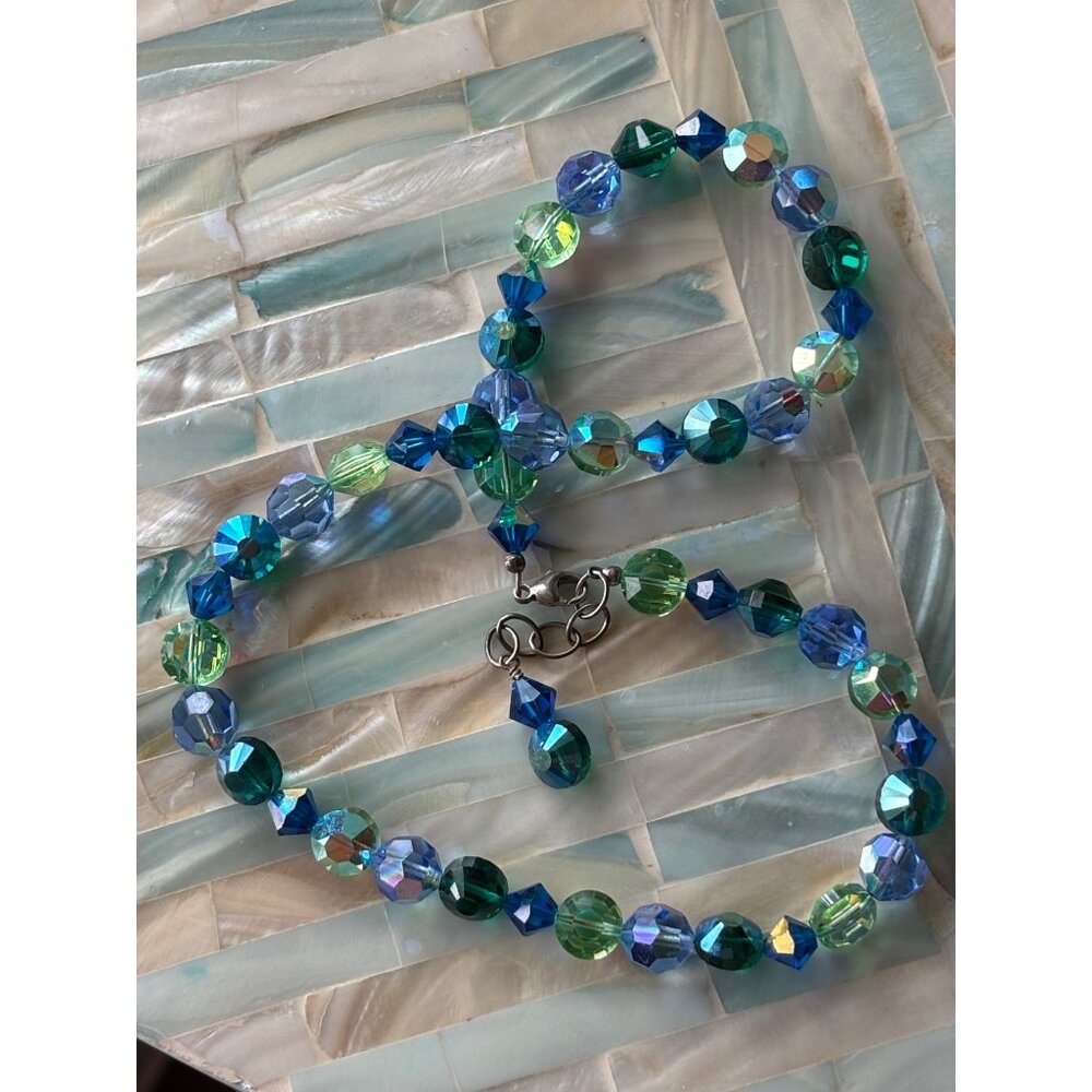 Sterling Silver AB Crystal Necklace Blue & Green Faceted Brilliant Beads Vintage - Picture 7 of 9